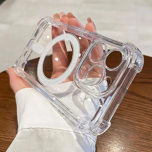 Clear MagSafe iPhone case held in hand