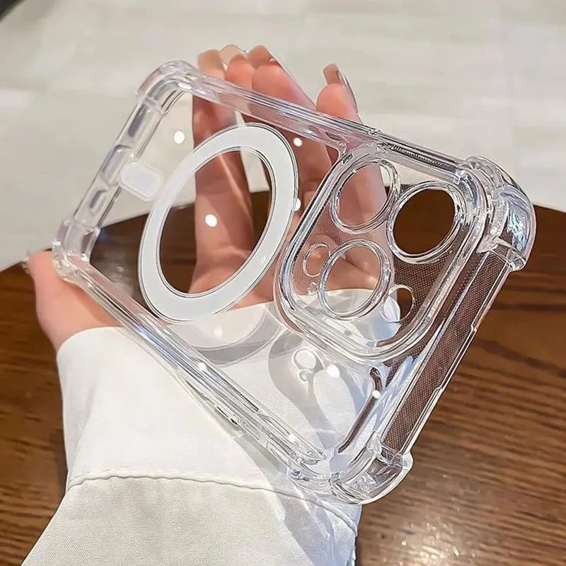 Clear MagSafe iPhone case held in hand