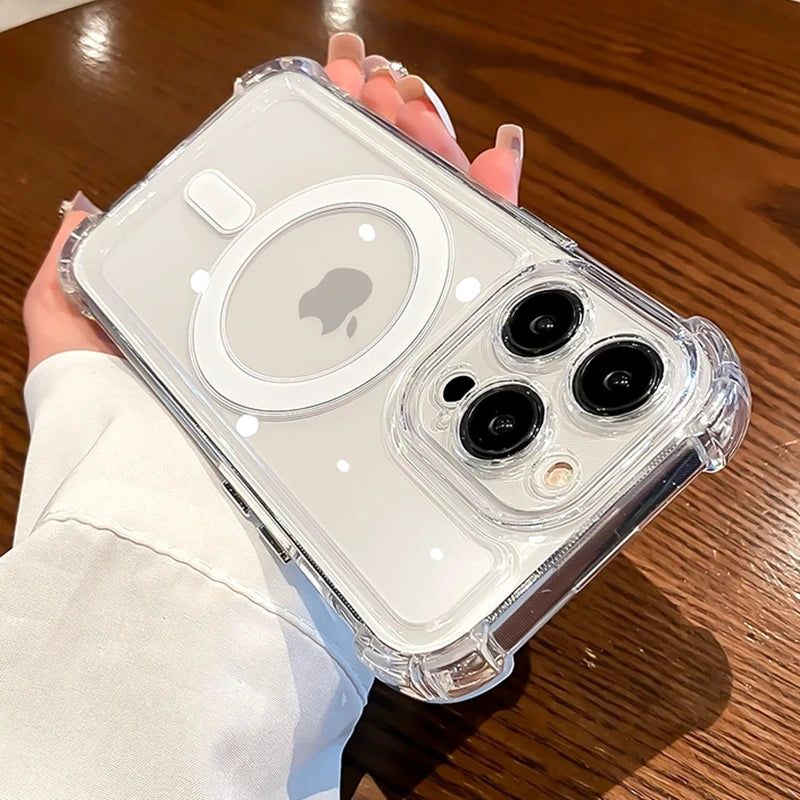 White iPhone in clear MagSafe case, back view